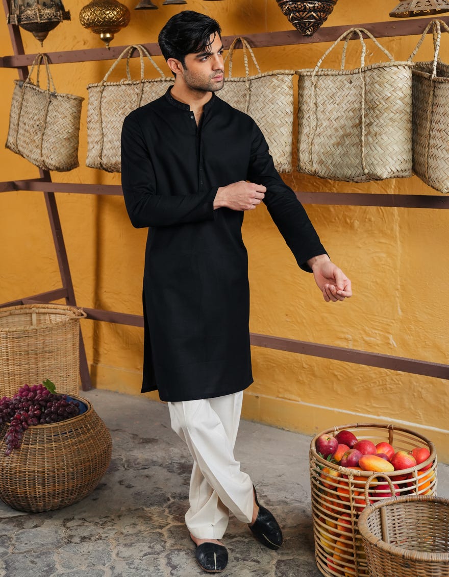 BLACK COTTON SEMI-FORMAL KURTA