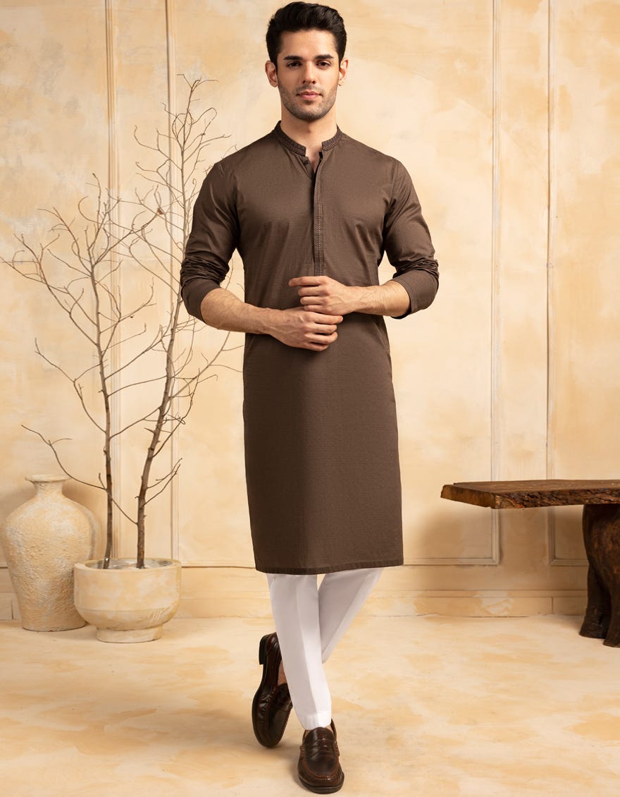 BROWN COTTON SEMI-FORMAL KURTA