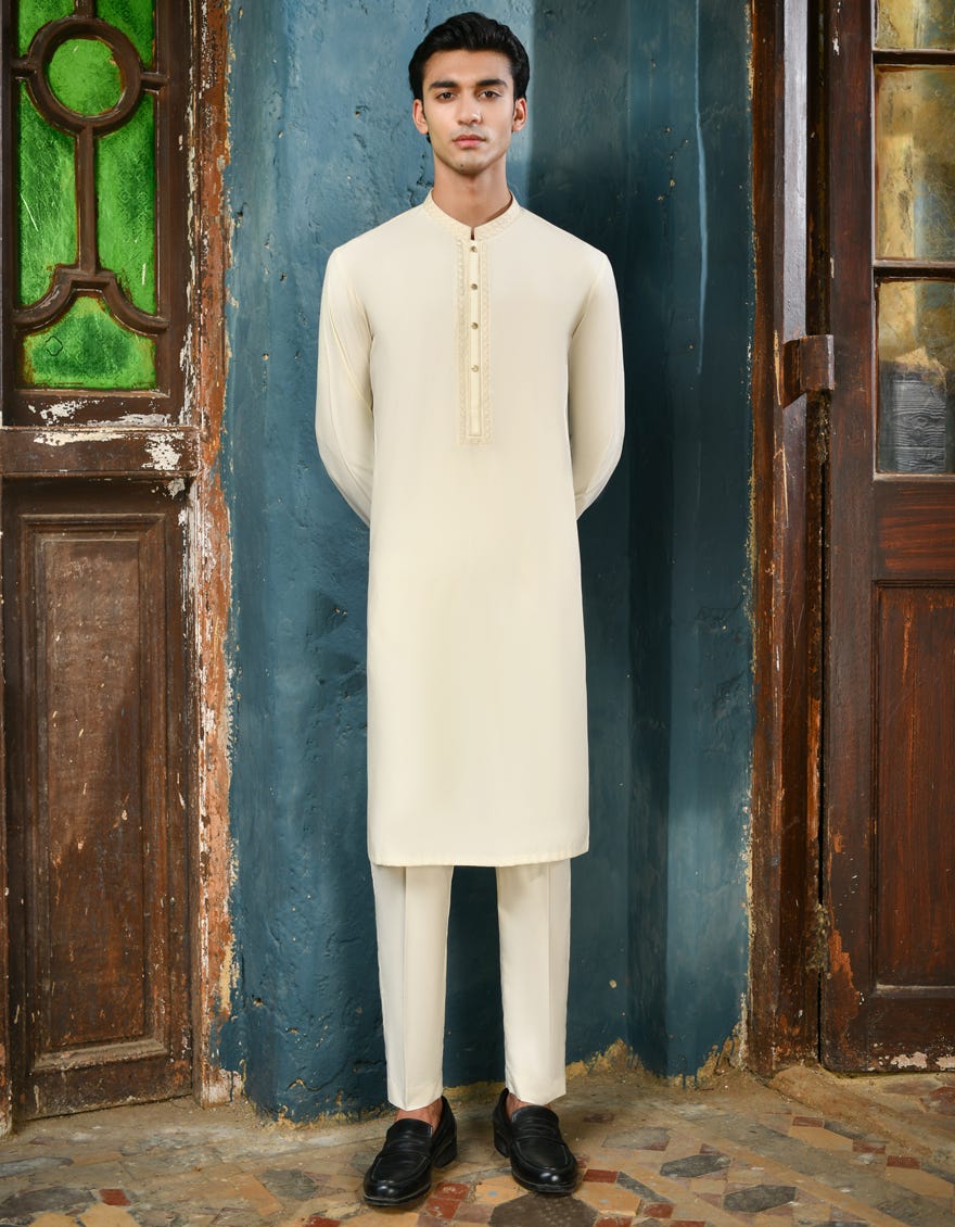 Cream Blended Men's Kurta Pajama | Jjkp-A-32950
