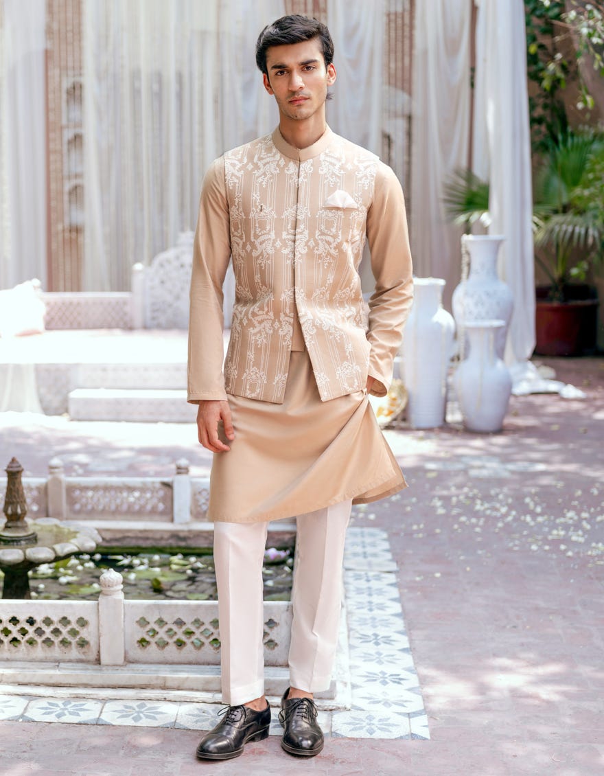 Beige Blended Kurta Pajama+Waistcoat | Jjkpvc-48143