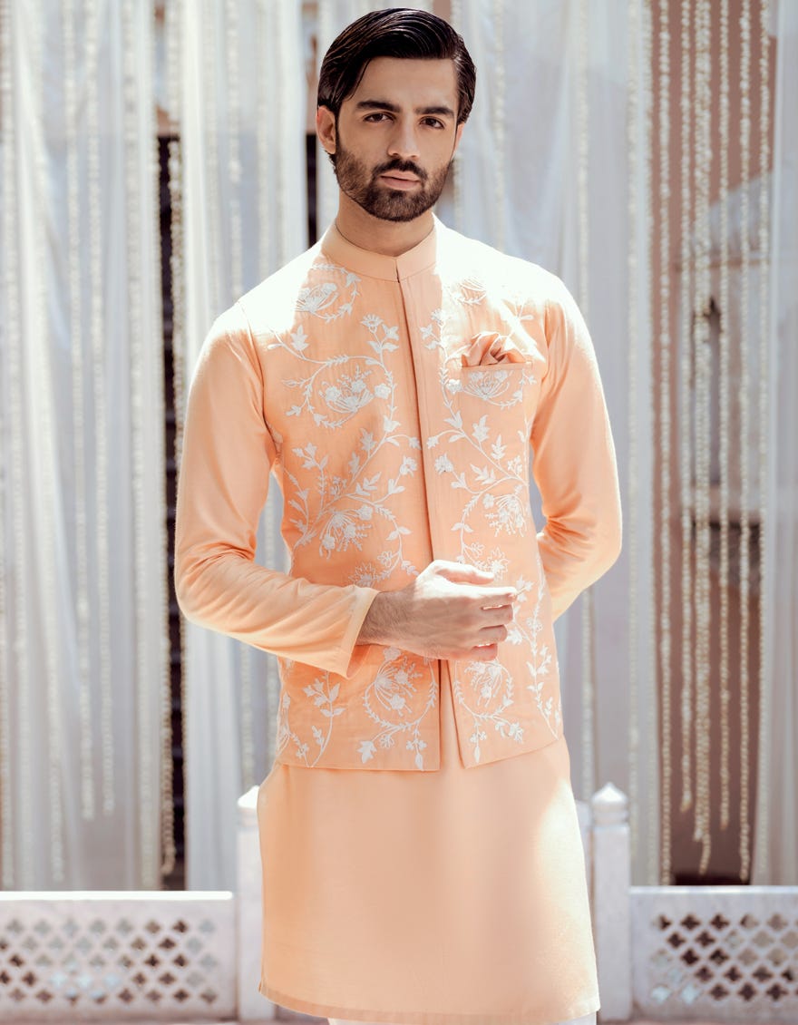 Peach Blended Kurta Pajama+Waistcoat | Jjkpvc-48144