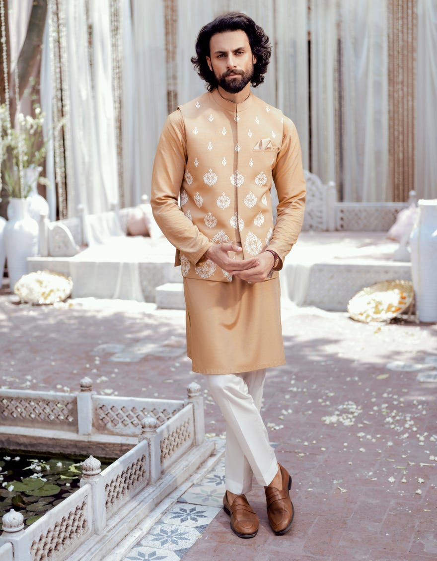 Brown Blended Kurta Pajama+Waistcoat | Jjkpvc-48145