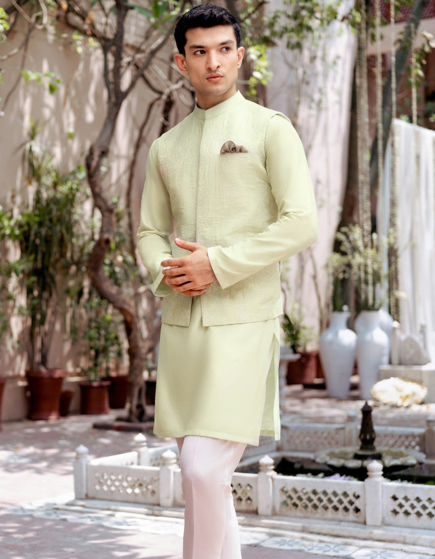 Sea Green Blended Kurta Pajama+Waistcoat | Jjkpvc-48147
