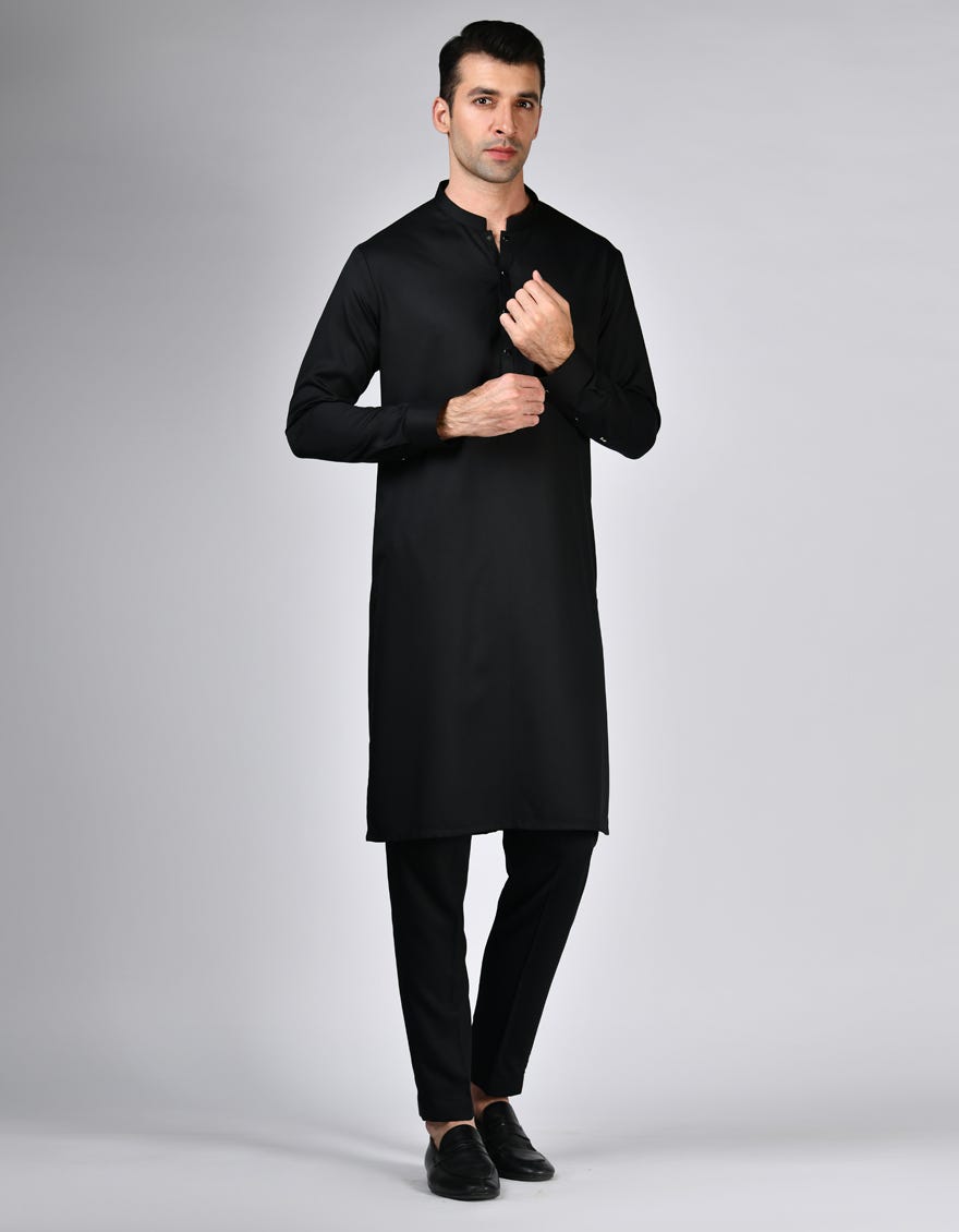 Black Blended Men's Kameez Shalwar | Jjks-S-47171