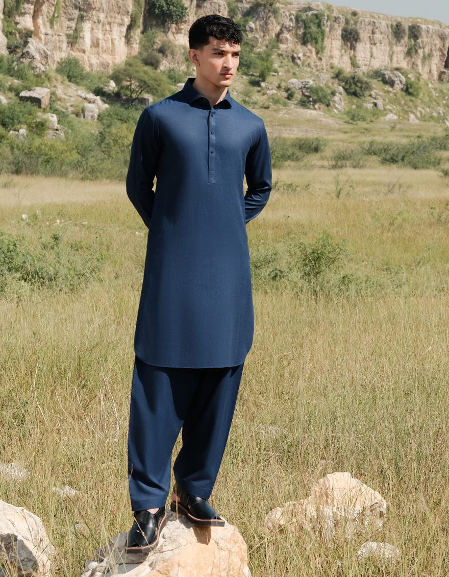 NAVY BLUE BLENDED KAMEEZ SHALWAR | JJKS-W-33157
