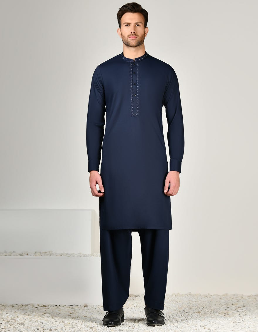 NAVY BLUE BLENDED KAMEEZ SHALWAR | JJKS-A-34857