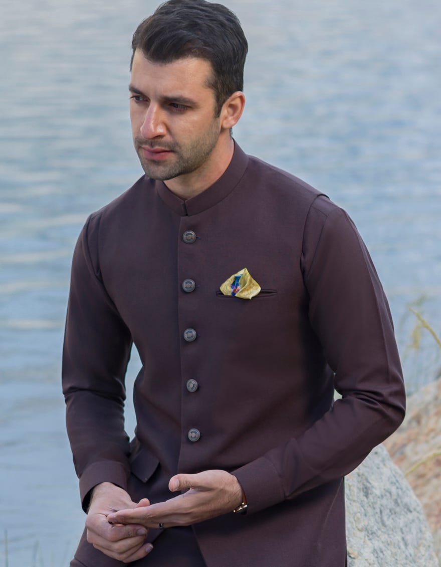 CHOCOLATE BROWN BLENDED WAISTCOAT & KAMEEZ SHALWAR & WAISTCOAT | JJKSVC-40151