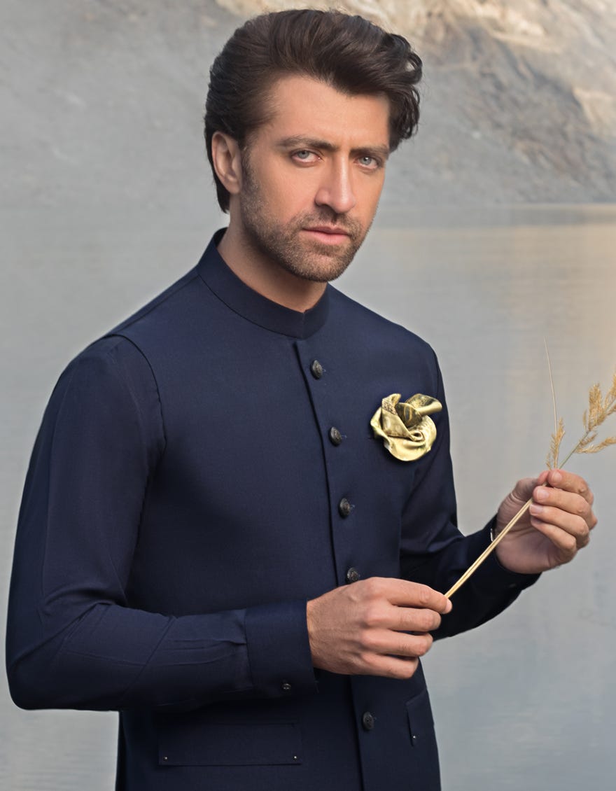 BLUE BLENDED WAISTCOAT & KAMEEZ SHALWAR & WAISTCOAT | JJKSVC-40152