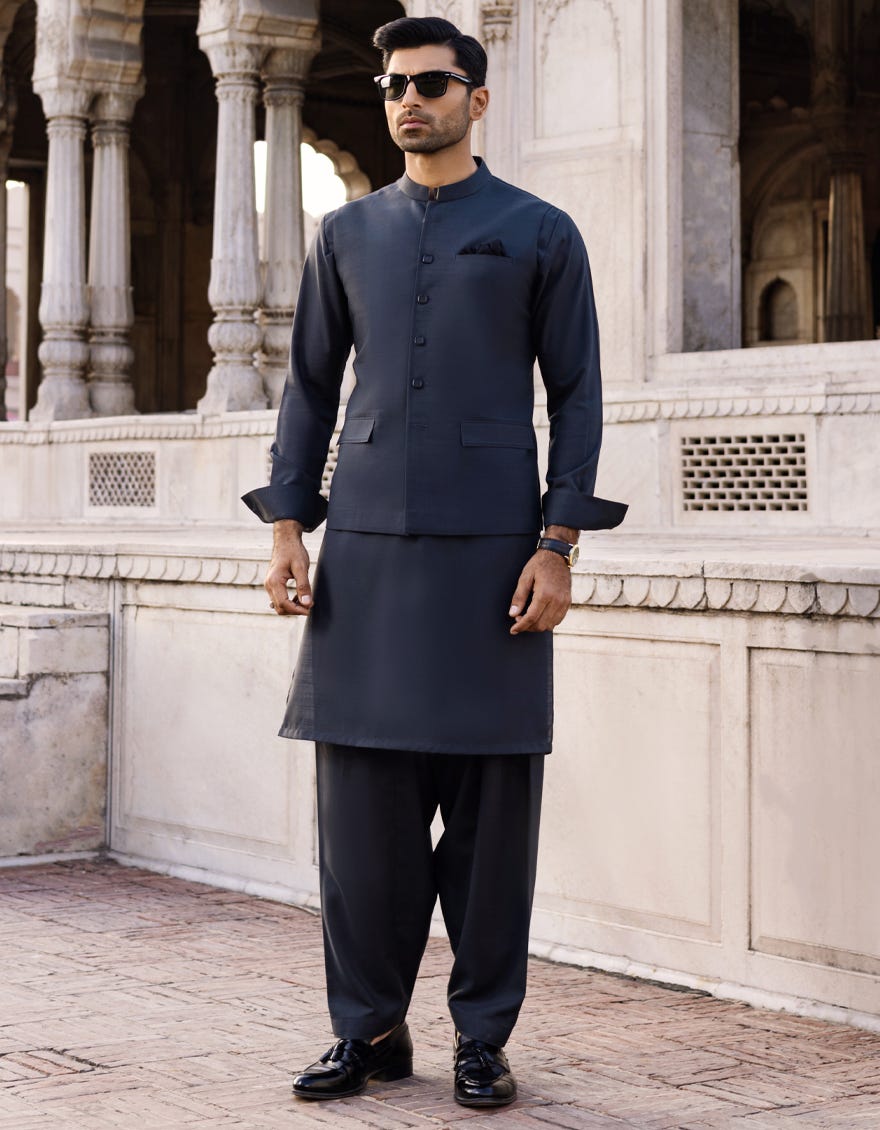 DEEP GREEN BLENDED KAMEEZ SHALWAR & WAISTCOAT | JJKSVC-40261