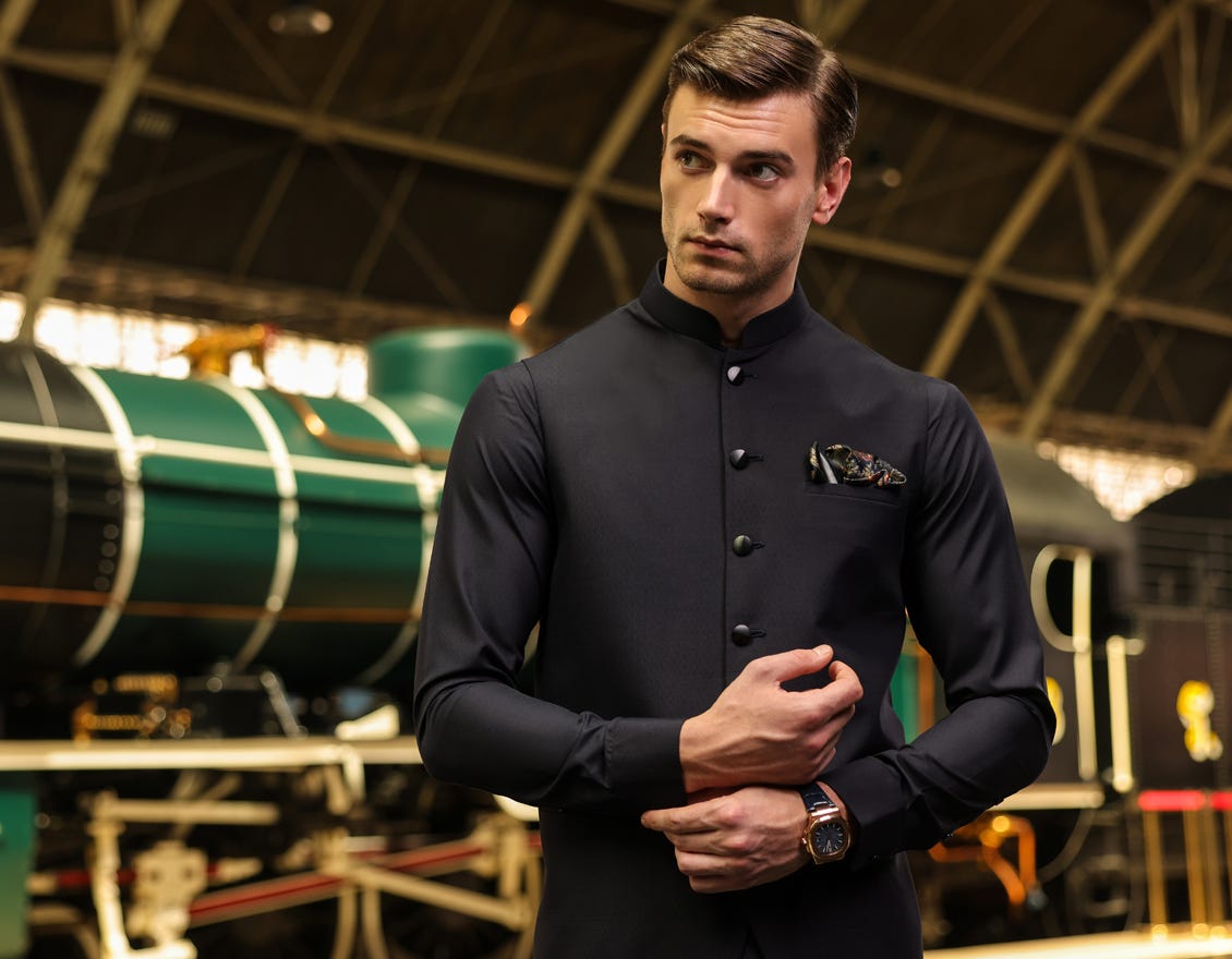 Navy Blue Blended Kameez Shalwar + Waistcoat | Jjksvc-A-47170