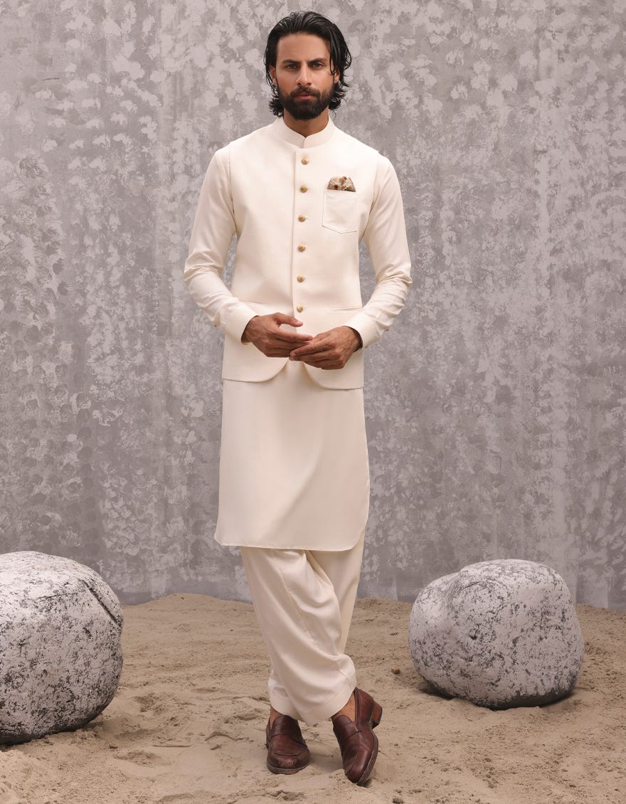 CREAM BLENDED KAMEEZ SHALWAR & WAISTCOAT | JJKSVC-A-47225