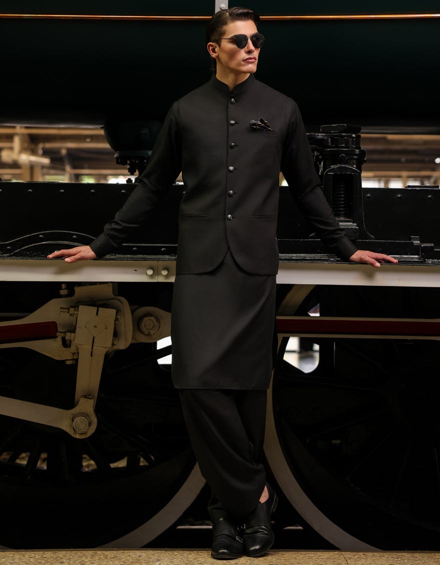 Black Blended Kameez Shalwar + Waistcoat | Jjksvc-A-47171