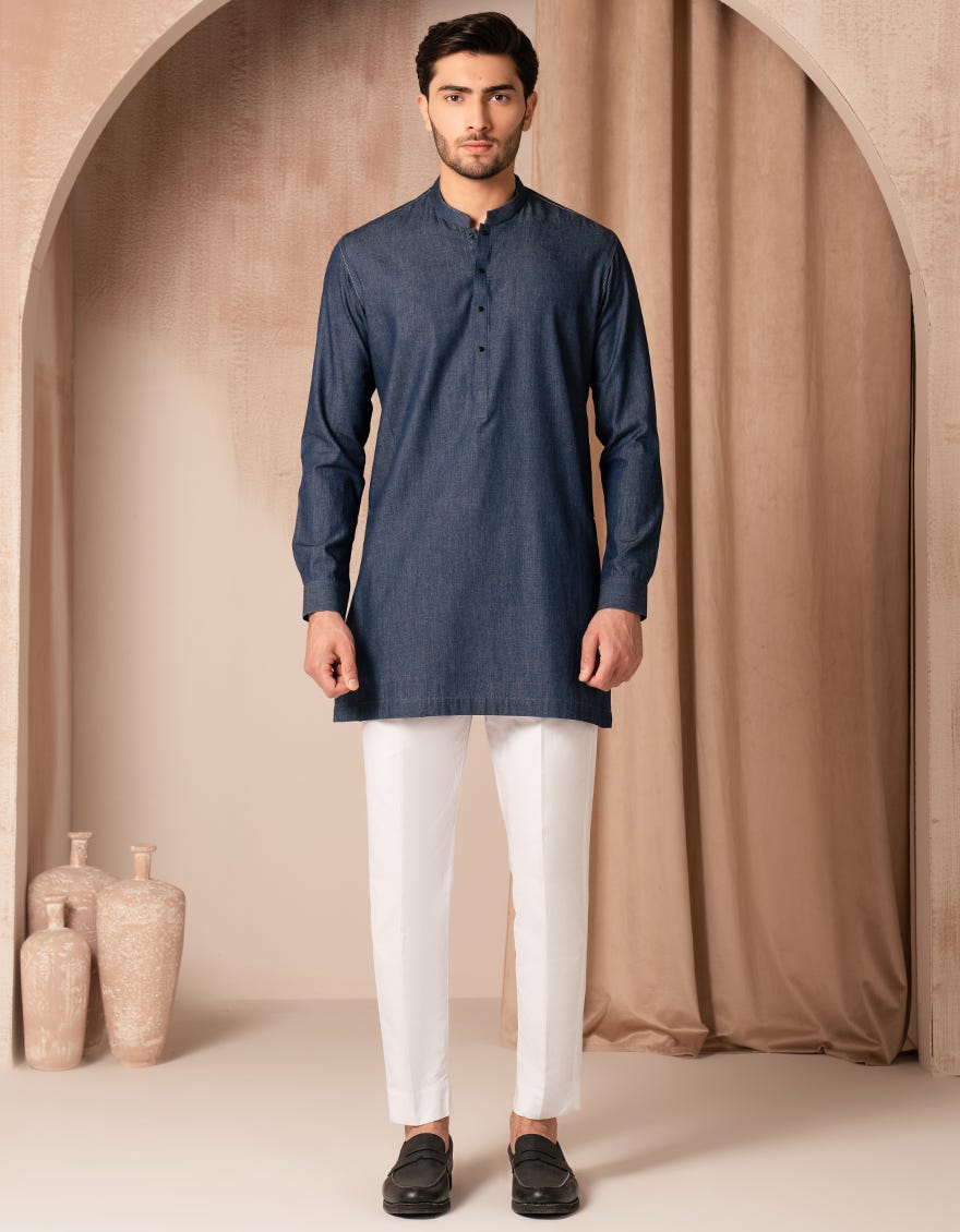 DENIM BLUE COTTON CASUAL SHORT KURTA