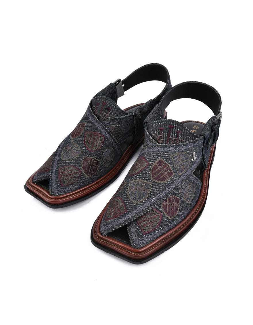 Denim Black Peshawari Chappal | Jjfw-Jpc-353-Emb