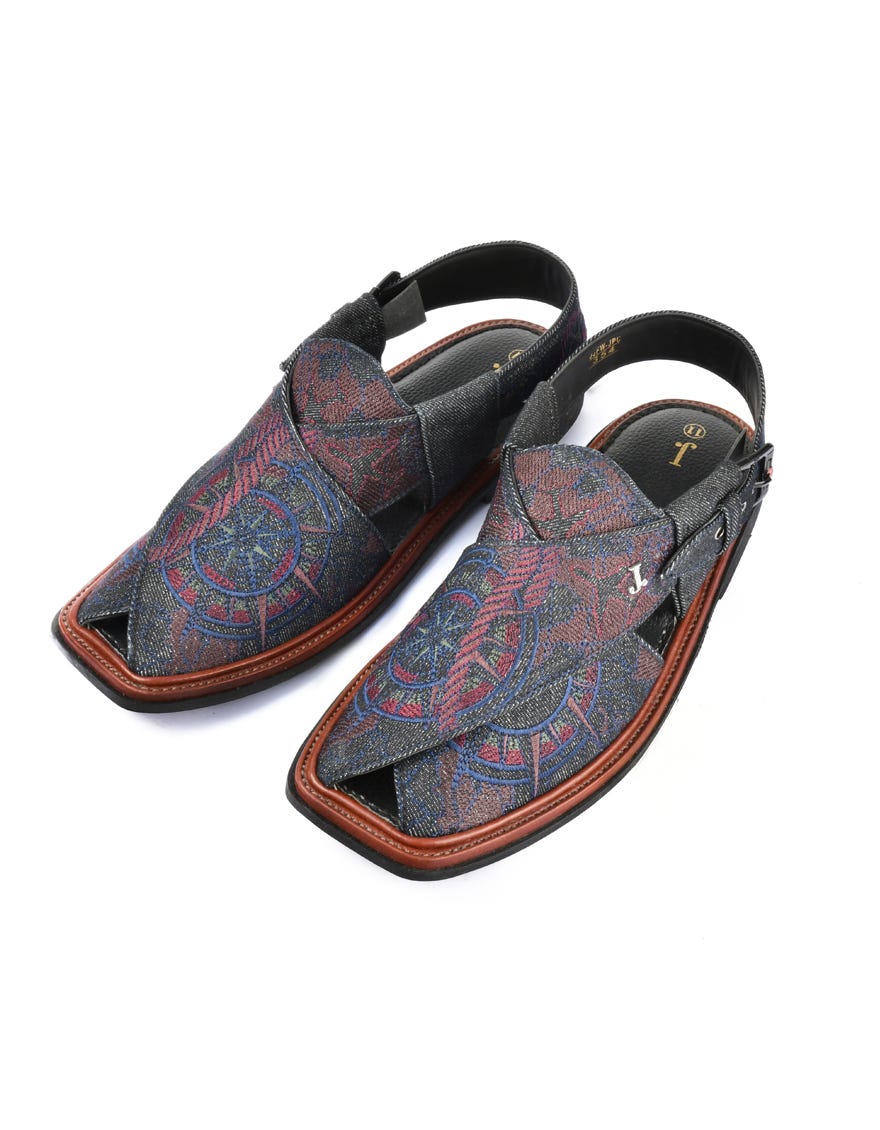 Denim Blue Embroidered Peshawari Chappal | Jjfw-Jpc-354-Emb