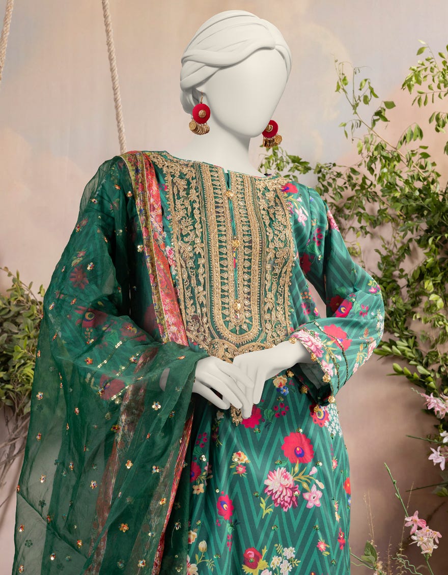 Green Silk 3 Piece Embroidered Stitched | Jjpw-S-Jps-24-3936