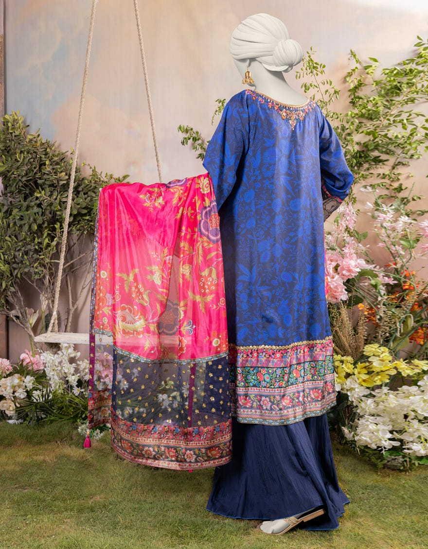 Blue Silk 3 Piece Embroidered Stitched | Jjpw-S-Jps-24-3938