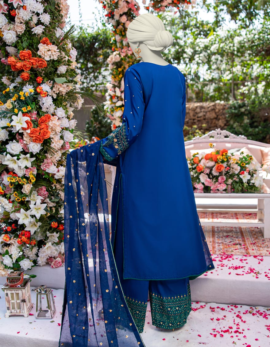 BLUE KHADDI EMBROIDERED 3PC STITCHED