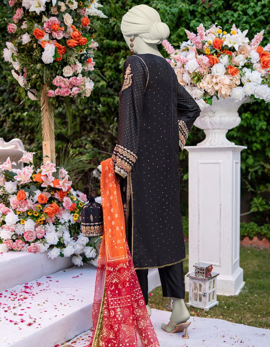 BLACK RAW SILK EMBROIDERED 3PC STITCHED