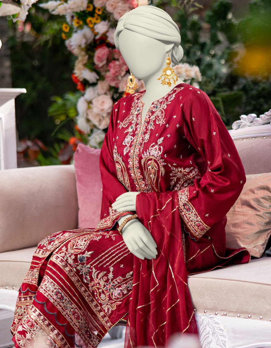 MAROON RAW SILK EMBROIDERED 3PC STITCHED