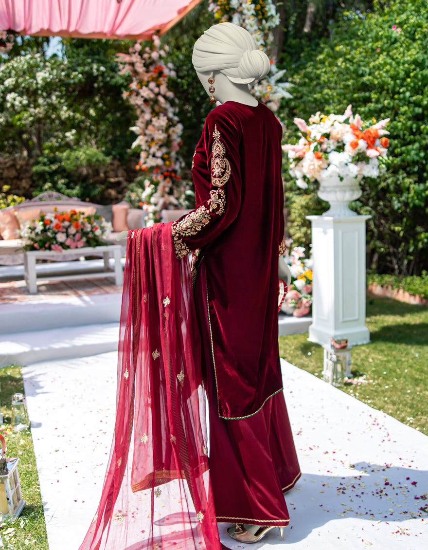 MAROON VELVET EMBROIDERED 3PC STITCHED
