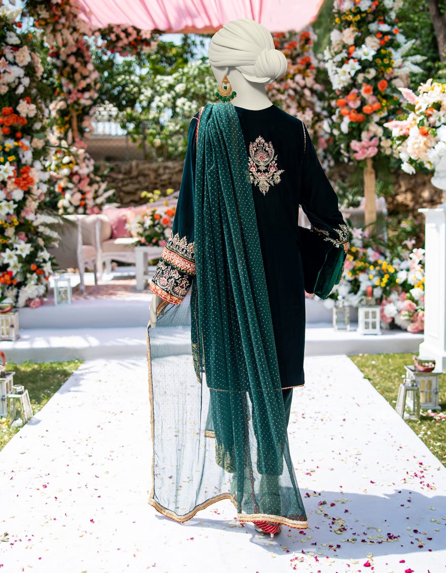 GREEN VELVET EMBROIDERED 3PC STITCHED