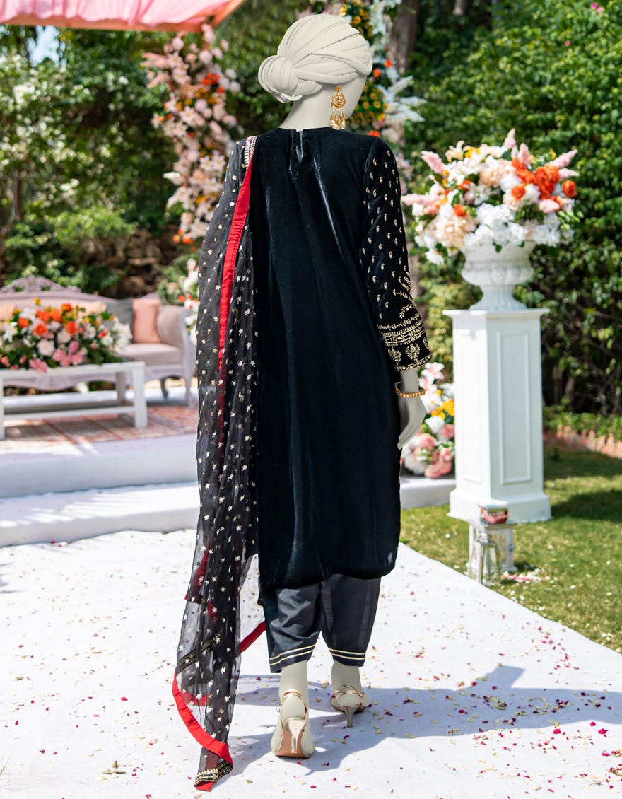 BLACK VELVET EMBROIDERED 3PC STITCHED
