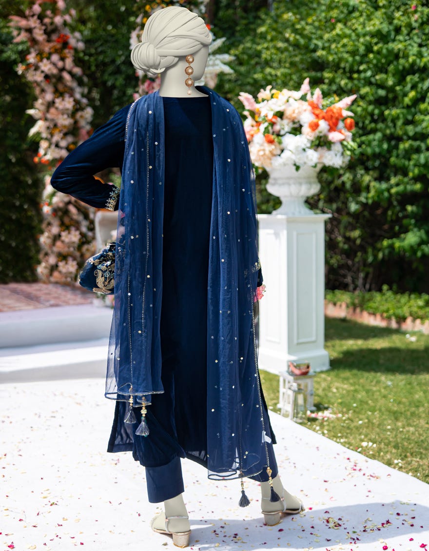 BLUE VELVET EMBROIDERED 3PC STITCHED