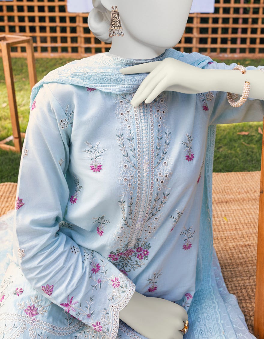 Aqua Blue Cambric Unstitched 3 Piece | Jjls-S-Jpus-23-610