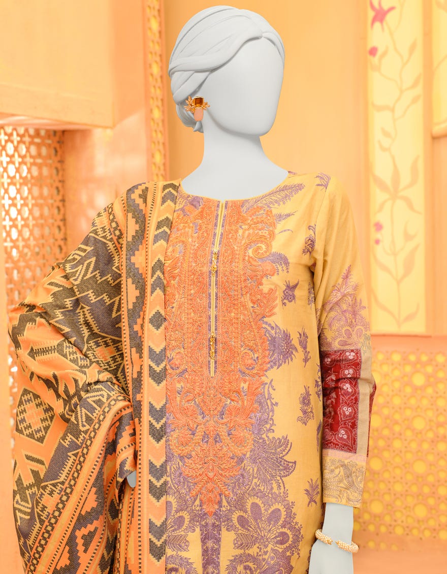 Beige Cambric 3 Piece Stitched Dress | Jjpw-W-Jpws-23-640