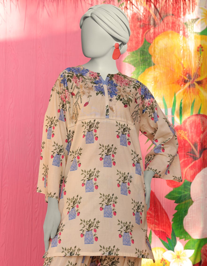CREAM LAWN PRINTED KURTI
