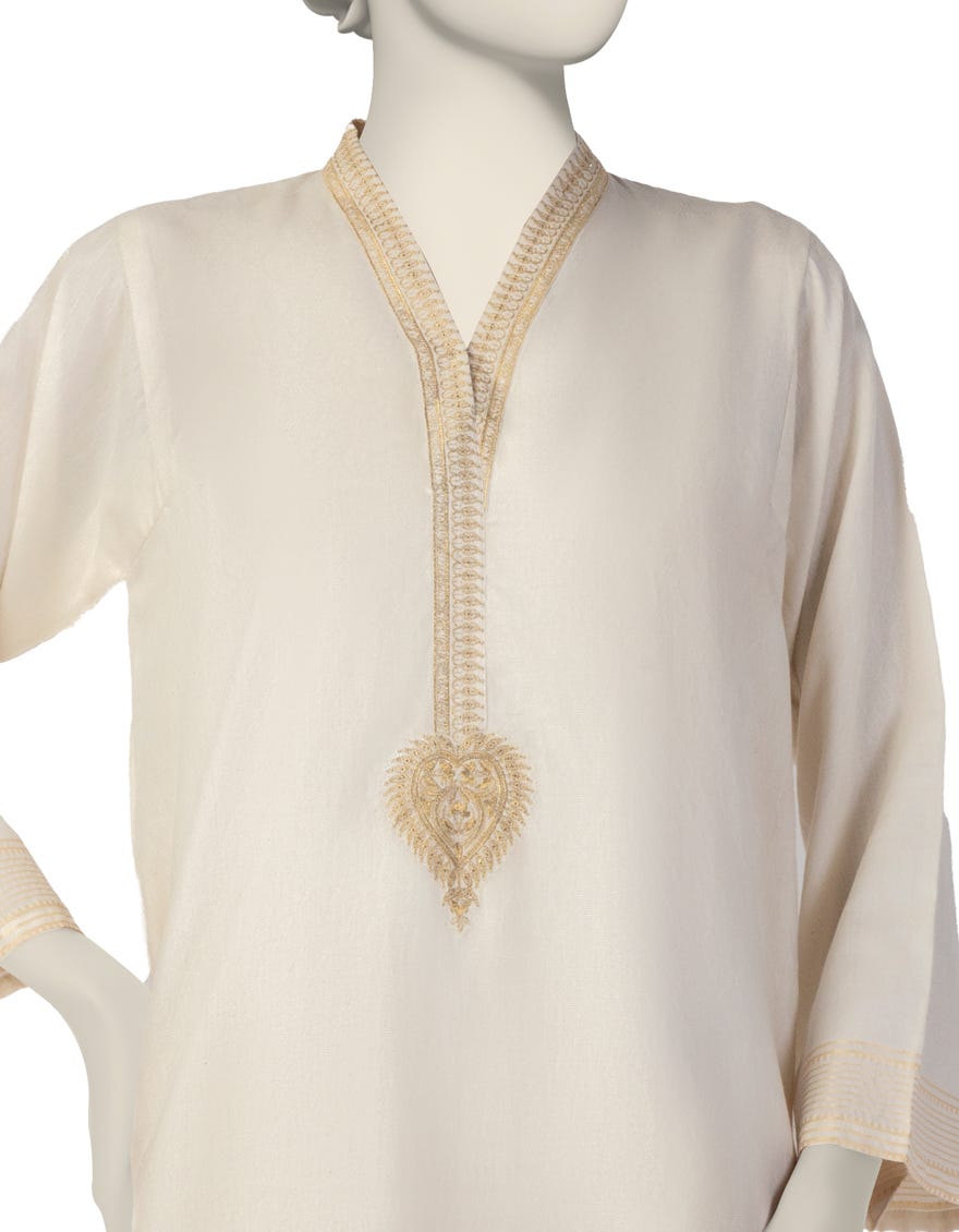 OFF WHITE WOVEN JACQUARD EMBROIDERED KURTI
