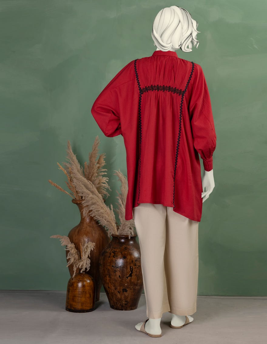 RED DOBBY EMBROIDERED KURTI