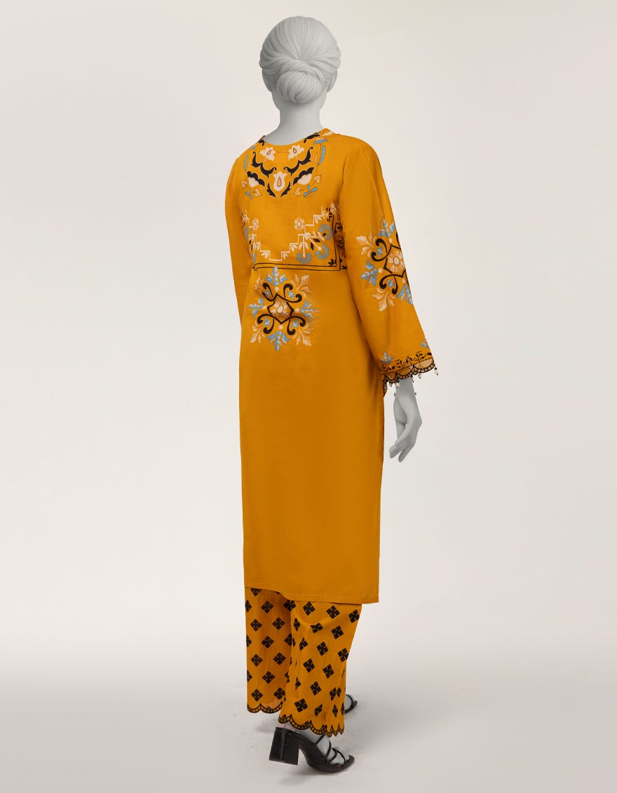 YELLOW LAWN EMBROIDERED STITCHED 2PC