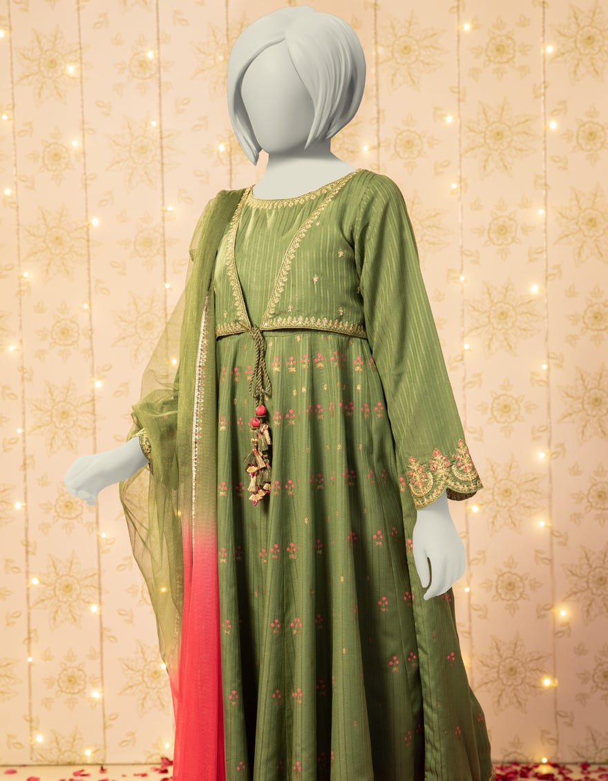 GREEN TEXTURED EMBROIDERED 3PC STITCHED