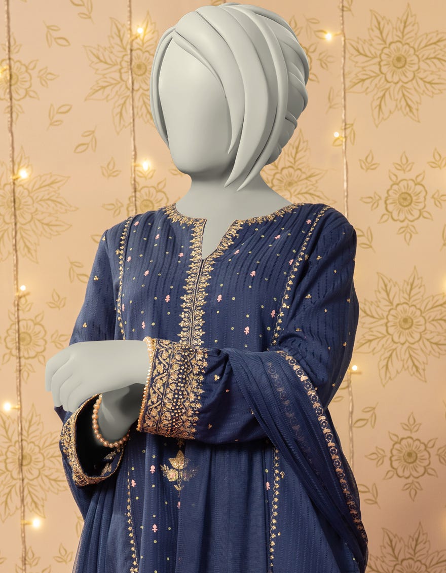 BLUE TEXTURED EMBROIDERED 3PC STITCHED