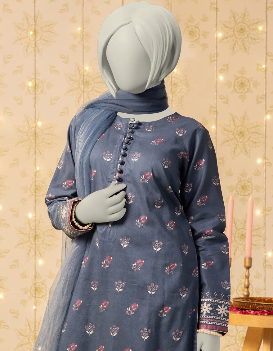 BLUE LAWN PASTE PRINTED 3PC STITCHED