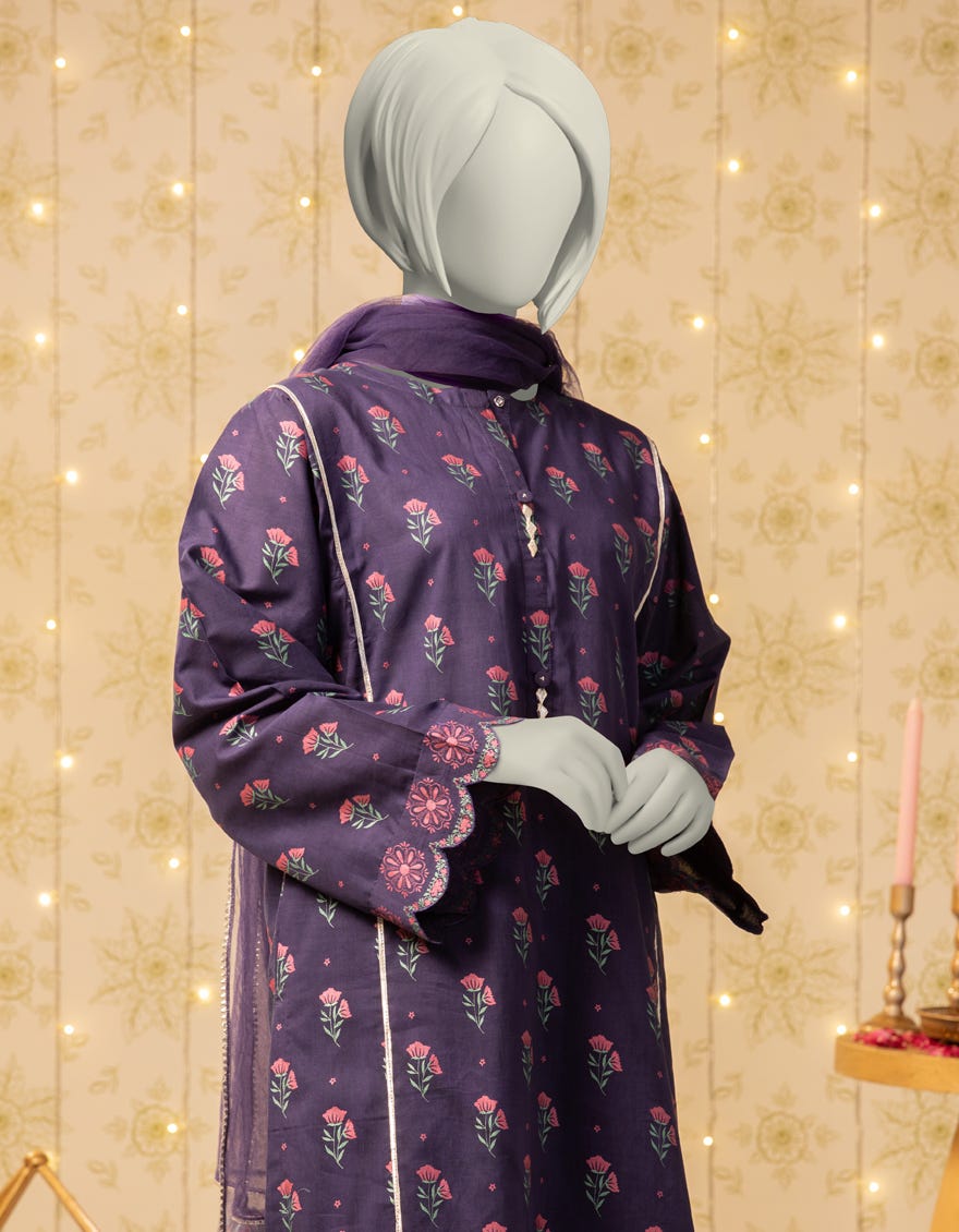 PURPLE LAWN PASTE PRINTED 3PC STITCHED