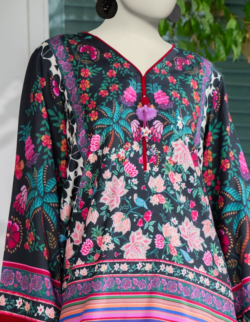 BLACK SILK PRINTED 2PC STITCHED