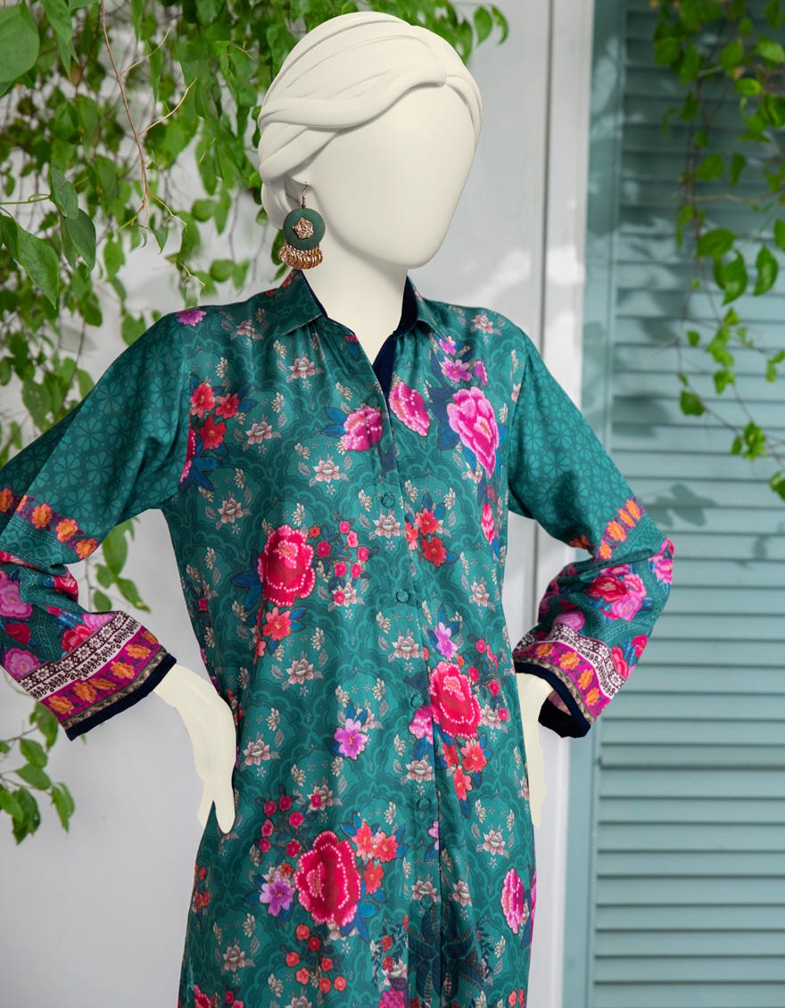 GREEN SILK PRINTED 2PC STITCHED