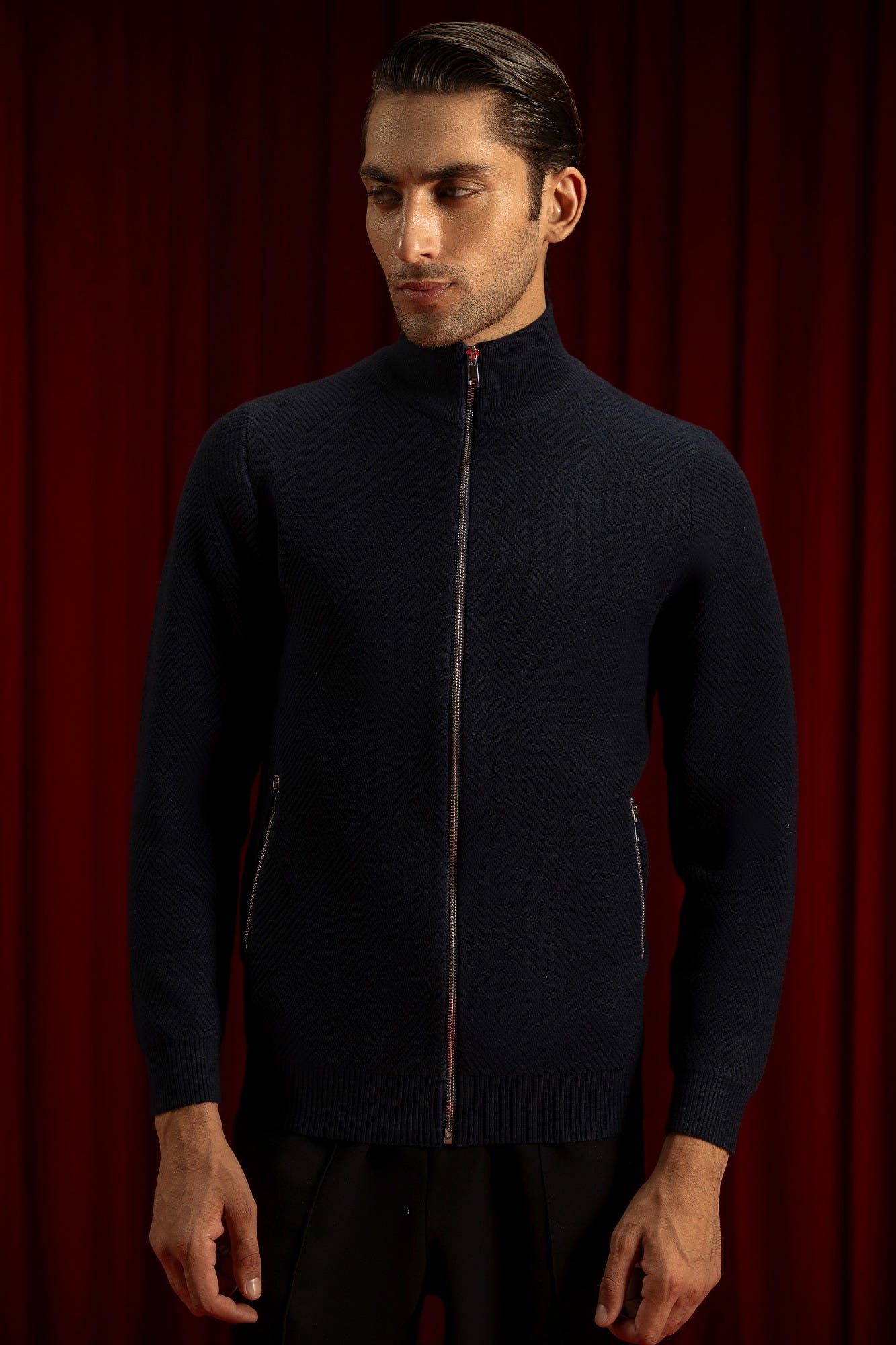 NAVY GAUGE CARDIGAN ZIPPER | CC-SWT-0020