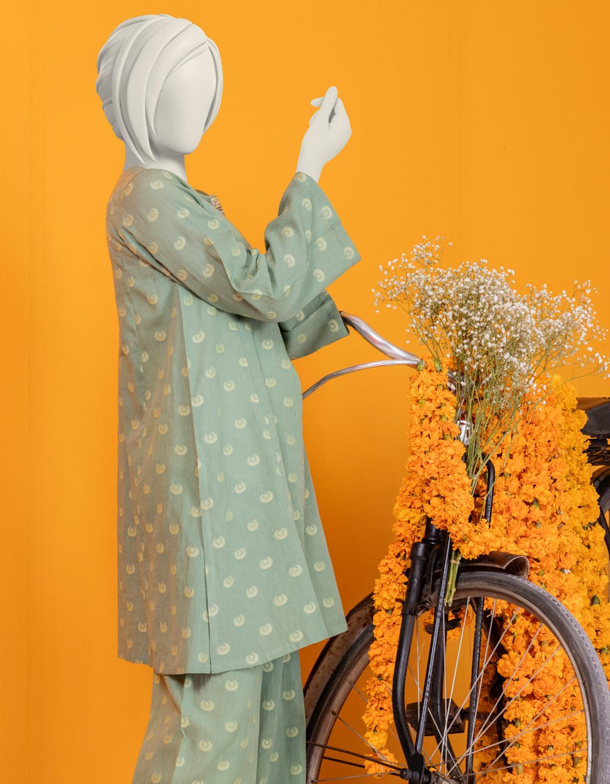 Green Jacquard Stitched 2 Piece | Jgk-S-Ygtl-423-24