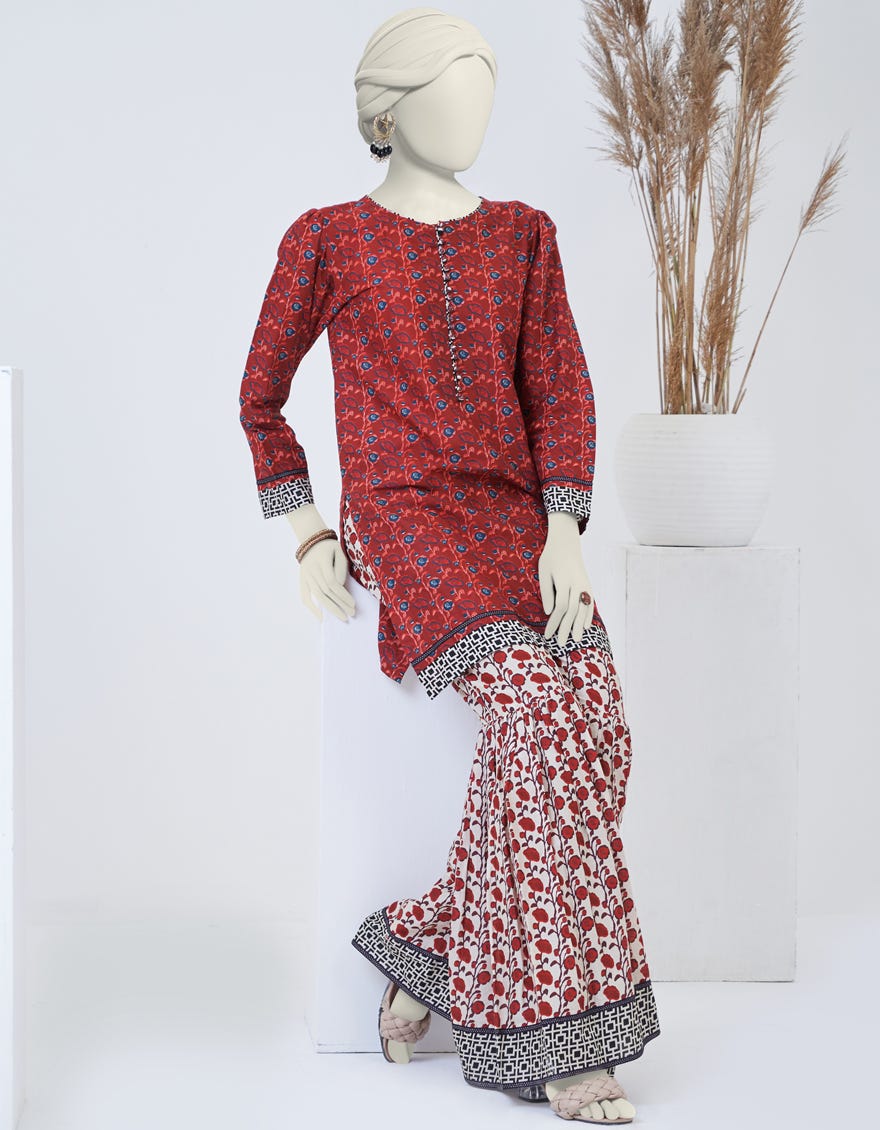 Red Cambric 2 Piece Stitched Dress | Jjpw-W-Jpw2-23-061