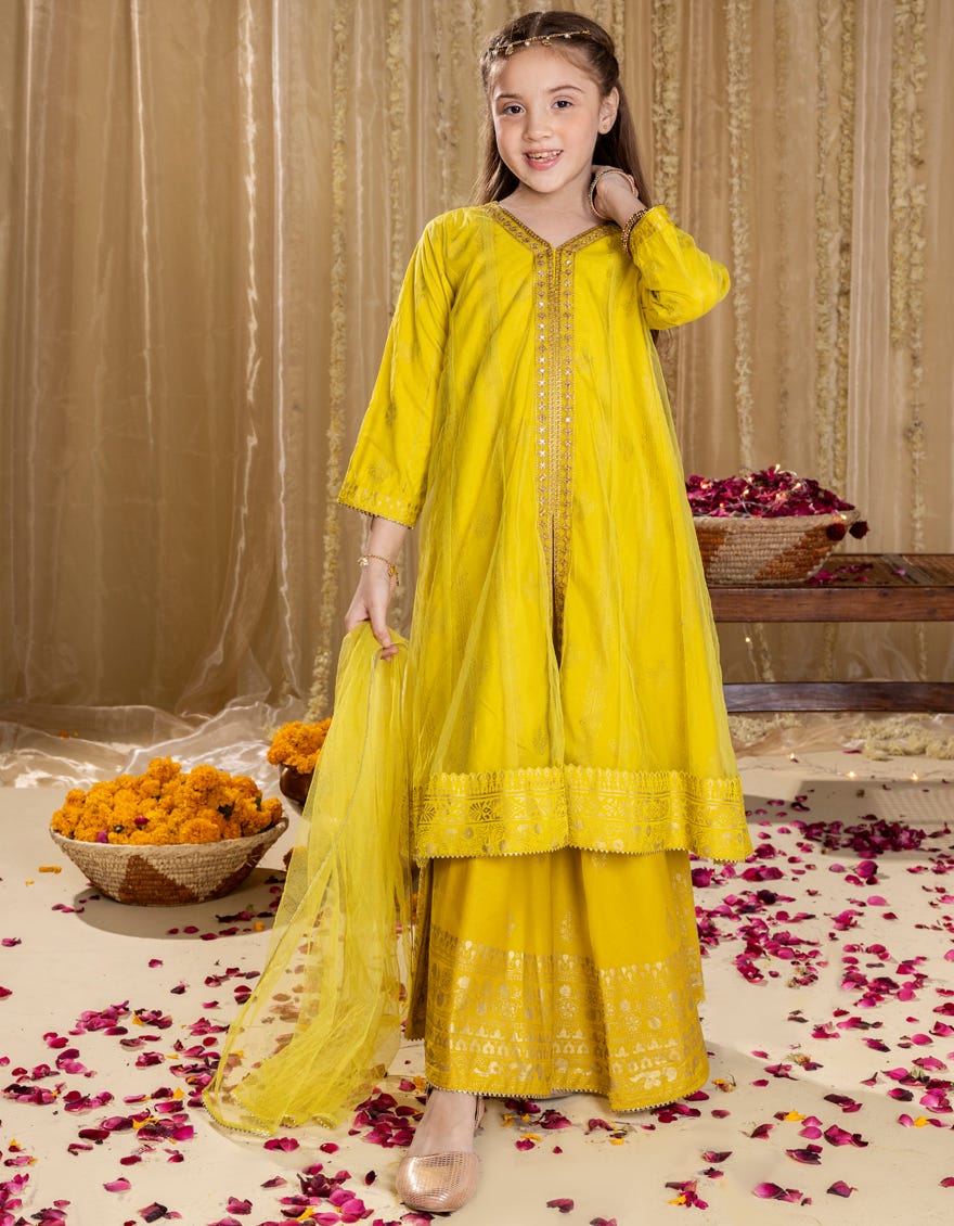 YELLOW SILK EMBROIDERED 3PC | JGK-S-JGP-25-1522