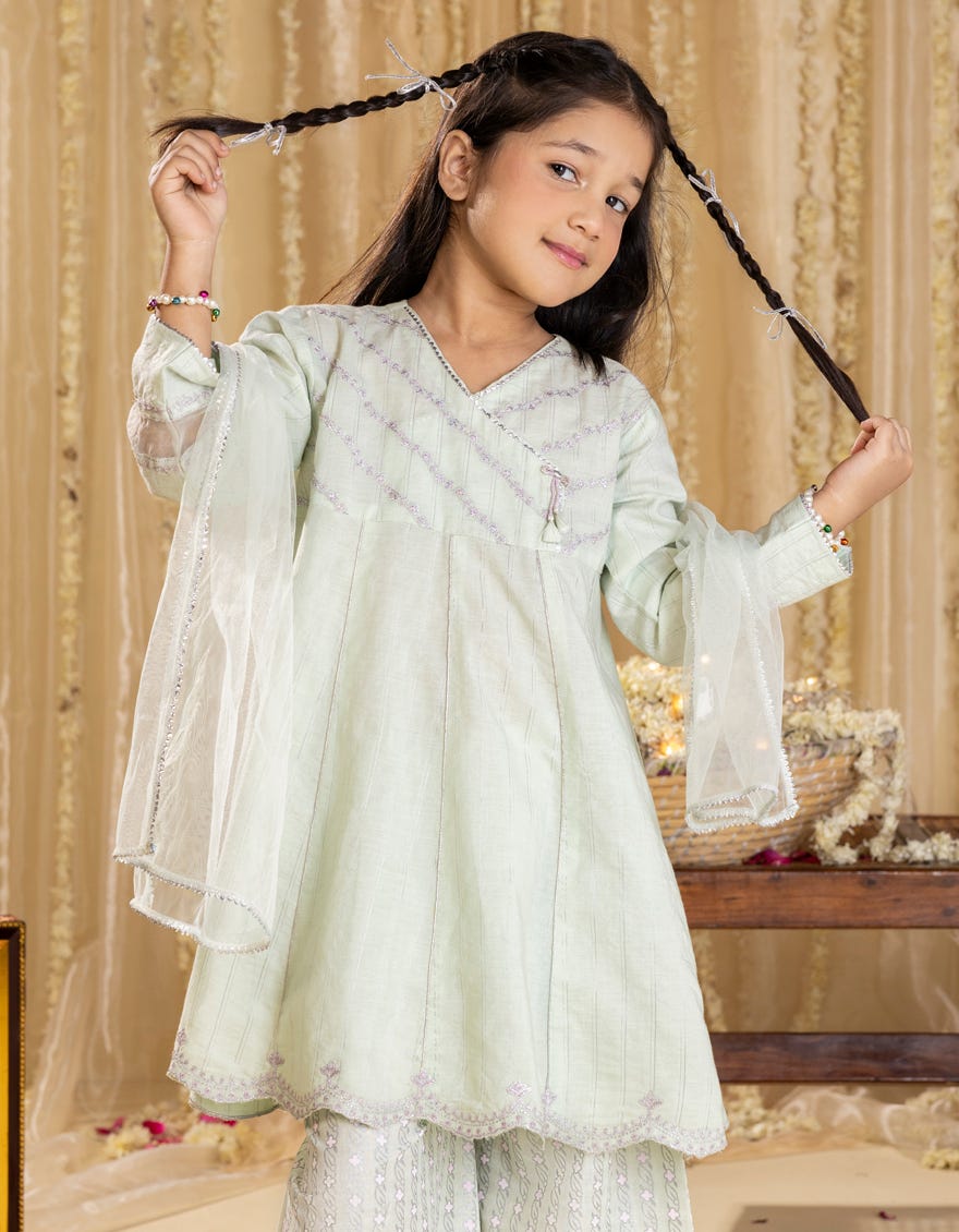 GREEN DOBBY EMBROIDERED 3PC | JGKL-S-JGP-25-1531