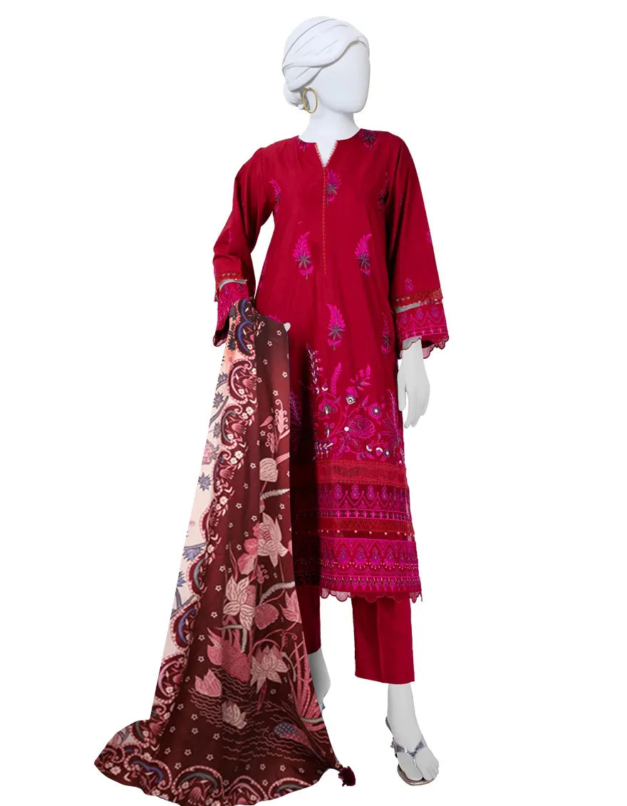 MAROON CAMBRIC EMBROIDERED 3PC STITCHED