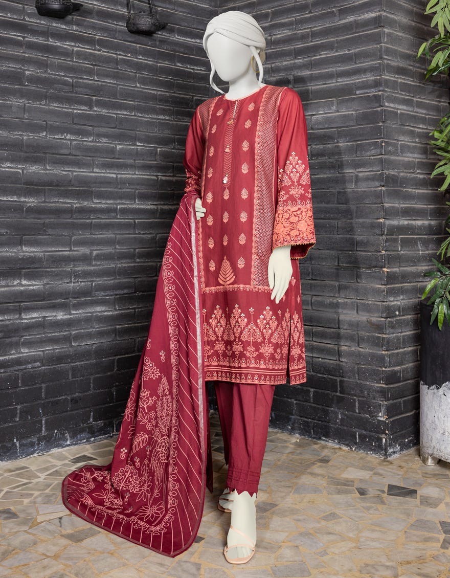 MAROON CAMBRIC UNSTITCHED 3PC | JJLS-W-JW-22-1764