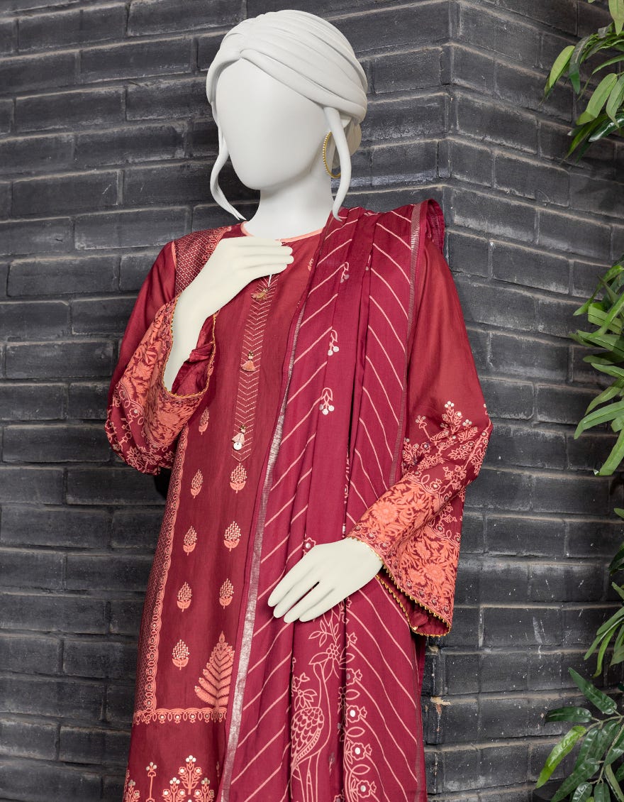 MAROON CAMBRIC UNSTITCHED 3PC | JJLS-W-JW-22-1764