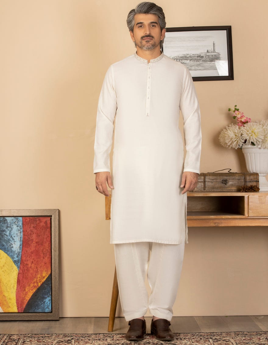 CREAM UNSTITCHED KAMEEZ SHALWAR FABRIC | JJMS-1989
