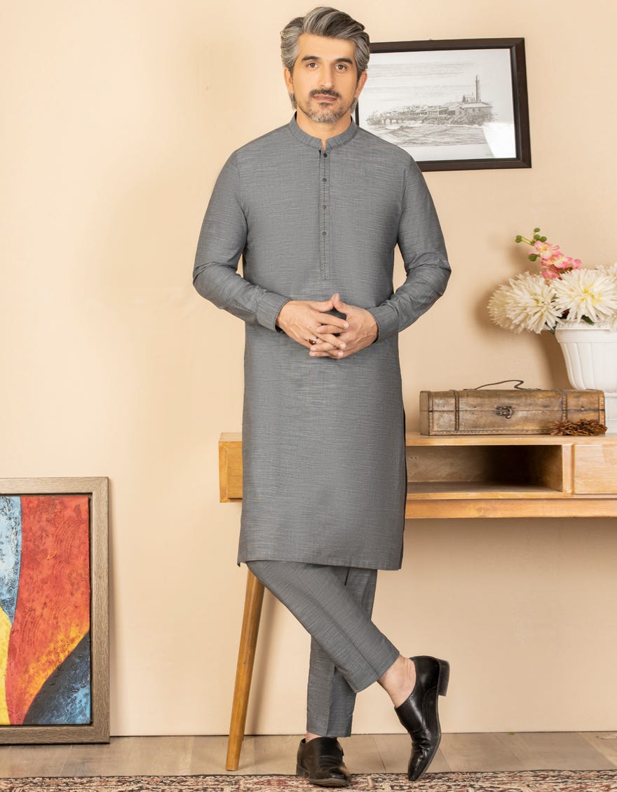 SLUB GREY UNSTITCHED KAMEEZ SHALWAR FABRIC | JJMS-1998